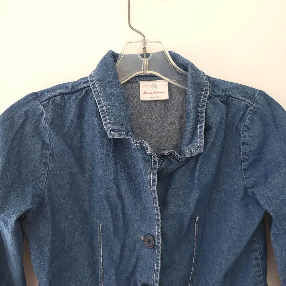 Hanna Andersson Girl Fall Denim Jacket Button Front Puff Sleeves Cotton 140